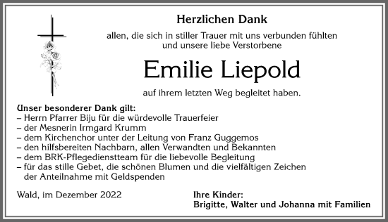 Traueranzeige von Emilie Liepold von Allgäuer Zeitung, Marktoberdorf