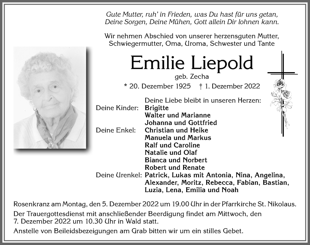  Traueranzeige für Emilie Liepold vom 03.12.2022 aus Allgäuer Zeitung, Marktoberdorf