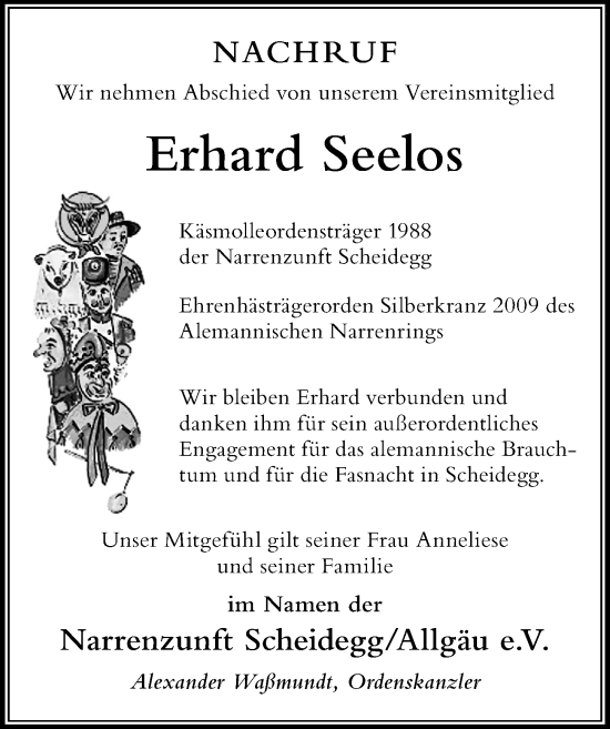 Traueranzeige von Erhard Seelos von Der Westallgäuer