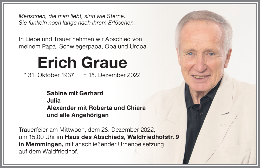  Traueranzeige für Erich Graue vom 24.12.2022 aus Memminger Zeitung