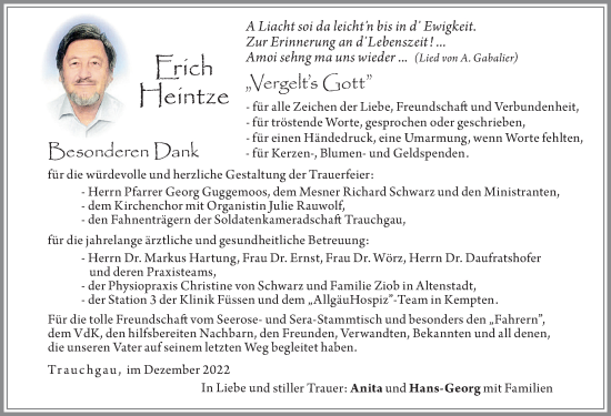 Traueranzeige von Erich Heintze von Allgäuer Zeitung, Füssen