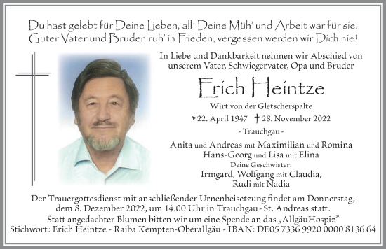 Traueranzeige von Erich Heintze von Allgäuer Zeitung, Füssen