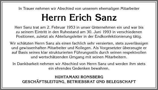 Traueranzeige von Erich Sanz von Allgäuer Zeitung, Marktoberdorf