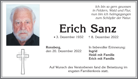 Traueranzeige von Erich Sanz von Allgäuer Zeitung, Marktoberdorf