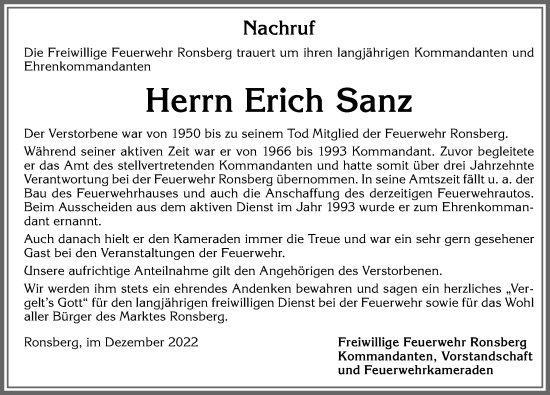 Traueranzeige von Erich Sanz von Allgäuer Zeitung, Marktoberdorf