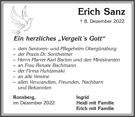Traueranzeige von Erich Sanz von Allgäuer Zeitung, Marktoberdorf