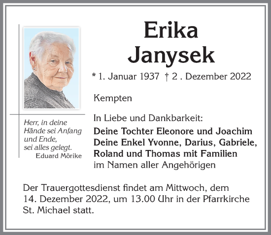 Traueranzeige von Erika Janysek von Allgäuer Zeitung,Kempten