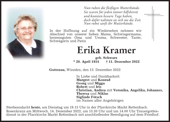 Traueranzeige von Erika Kramer von Memminger Zeitung