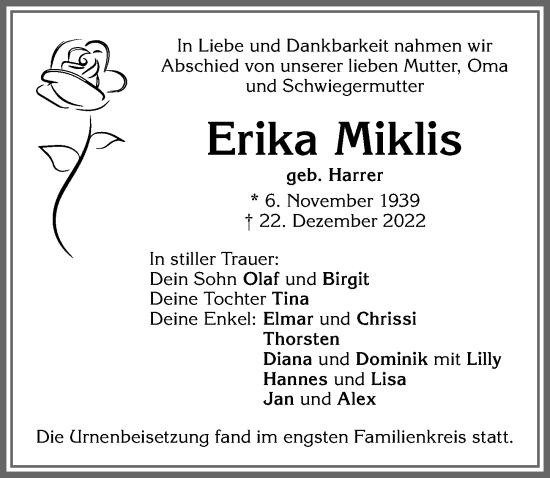 Traueranzeige von Erika Miklis von Allgäuer Zeitung,Kempten