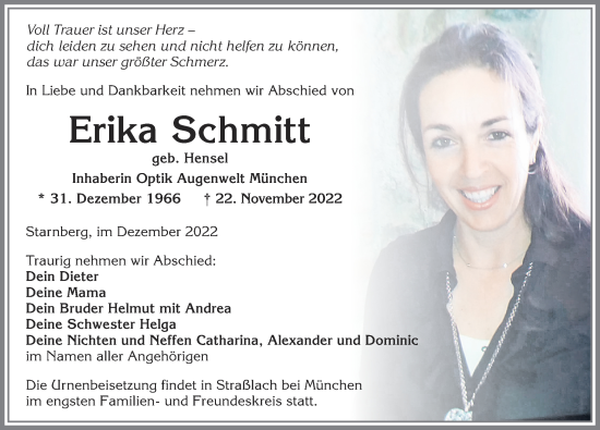 Traueranzeige von Erika Schmitt von Allgäuer Zeitung, Marktoberdorf