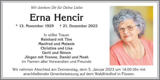 Traueranzeige von Erna Hencir von Allgäuer Zeitung, Füssen