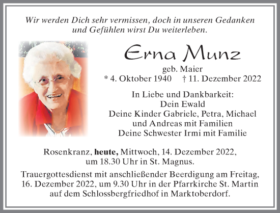 Traueranzeige von Erna Munz von Allgäuer Zeitung, Marktoberdorf