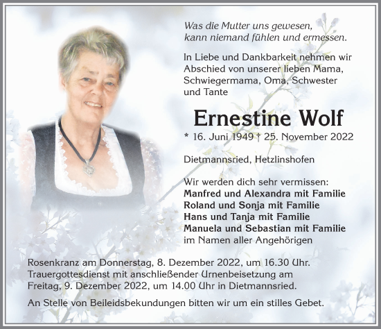 Traueranzeige von Ernestine Wolf von Allgäuer Zeitung,Kempten