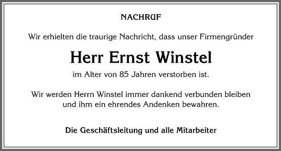 Traueranzeige von Ernst Winstel von Allgäuer Zeitung,Kempten