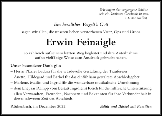 Traueranzeige von Erwin Feinaigle von Der Westallgäuer