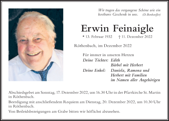 Traueranzeige von Erwin Feinaigle von Der Westallgäuer