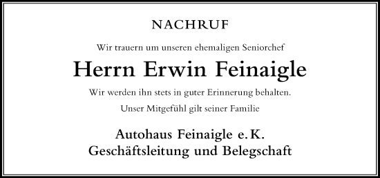 Traueranzeige von Erwin Feinaigle von Der Westallgäuer
