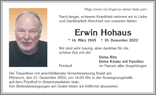 Traueranzeige von Erwin Hohaus von Allgäuer Anzeigeblatt