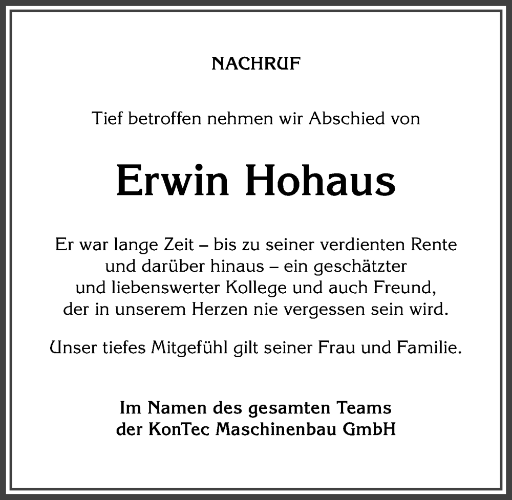  Traueranzeige für Erwin Hohaus vom 17.12.2022 aus Allgäuer Anzeigeblatt