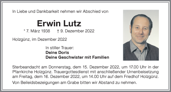 Traueranzeige von Erwin Lutz von Memminger Zeitung