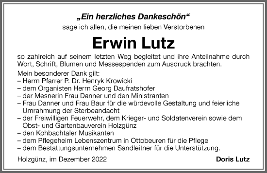 Traueranzeige von Erwin Lutz von Memminger Zeitung