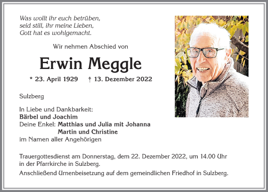 Traueranzeige von Erwin Meggle von Allgäuer Zeitung,Kempten