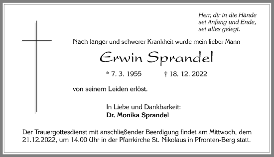 Traueranzeige von Erwin Sprandel von Allgäuer Zeitung, Füssen