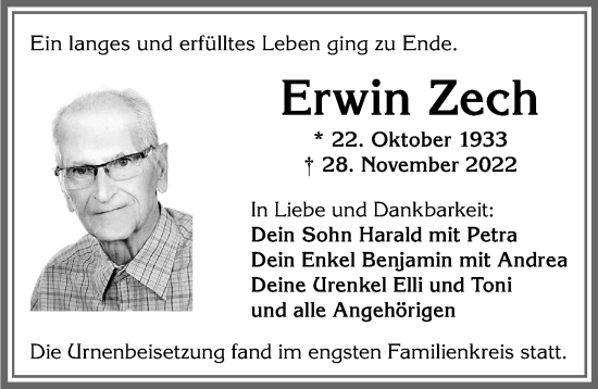 Traueranzeige von Erwin Zech von Allgäuer Zeitung, Kaufbeuren/Buchloe