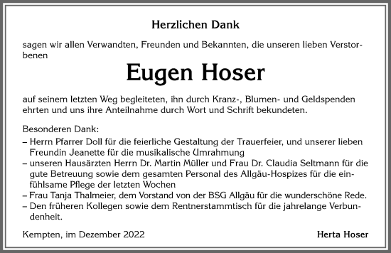 Traueranzeige von Eugen Hoser von Allgäuer Zeitung,Kempten