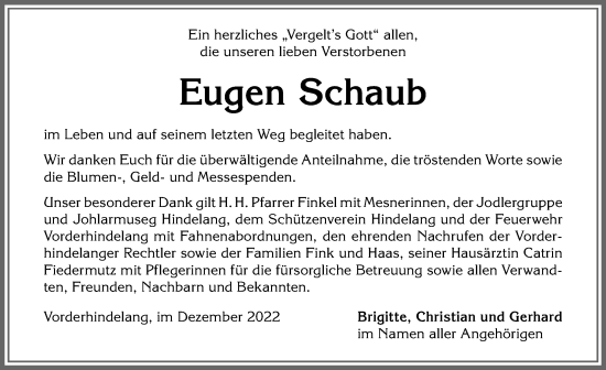 Traueranzeige von Eugen Schaub von Allgäuer Anzeigeblatt