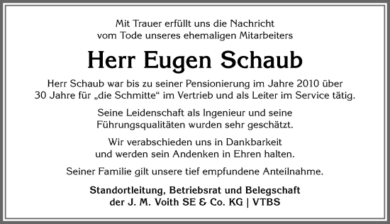 Traueranzeige von Eugen Schaub von Allgäuer Anzeigeblatt