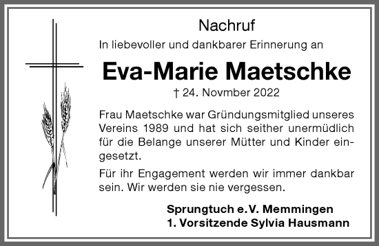 Traueranzeige von Eva-Marie Maetschke von Memminger Zeitung