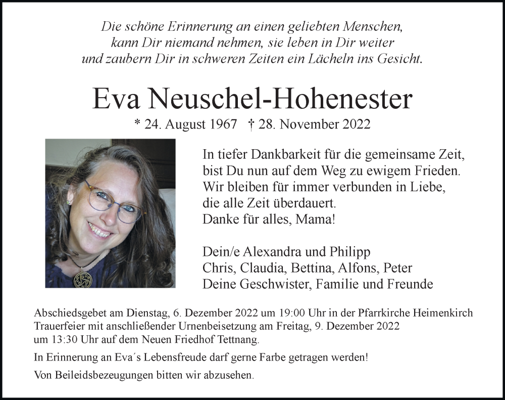  Traueranzeige für Eva Neuschel-Hohenester vom 06.12.2022 aus Der Westallgäuer