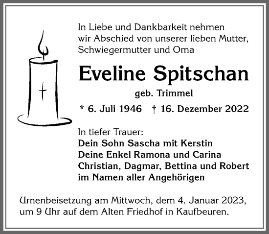 Traueranzeige von Eveline Spitschan von Allgäuer Zeitung, Kaufbeuren/Buchloe