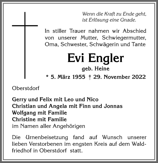 Traueranzeige von Evi Engler von Allgäuer Anzeigeblatt