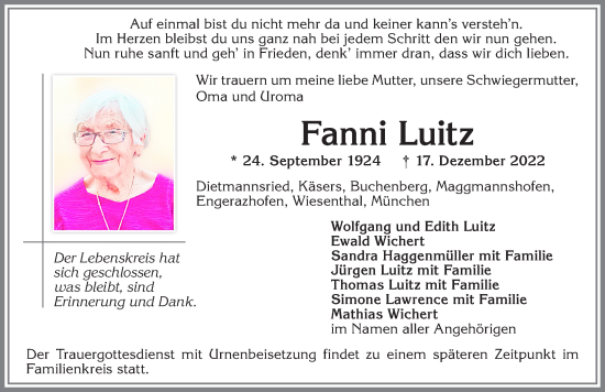Traueranzeige von Fanni Luitz von Allgäuer Zeitung,Kempten