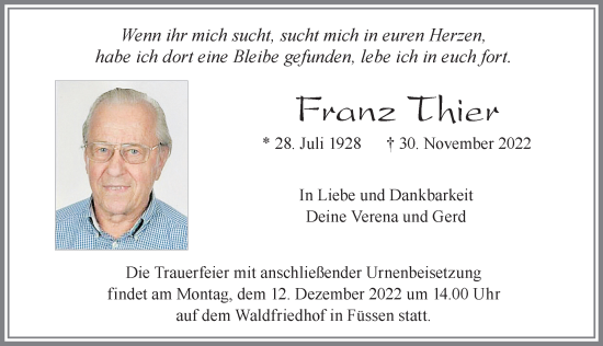 Traueranzeige von Fanz Thier von Allgäuer Zeitung, Füssen