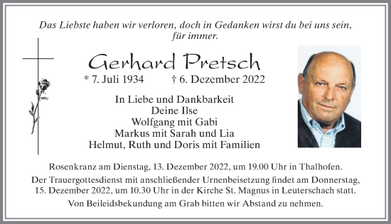 Traueranzeige von Gerhard Pretsch von Allgäuer Zeitung, Marktoberdorf