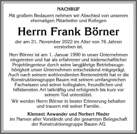 Traueranzeige von Frank Börner von Allgäuer Zeitung,Kempten