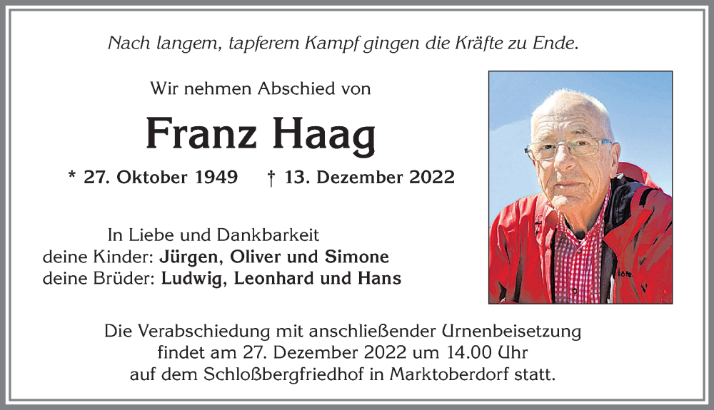  Traueranzeige für Franz Haag vom 24.12.2022 aus Allgäuer Zeitung, Marktoberdorf