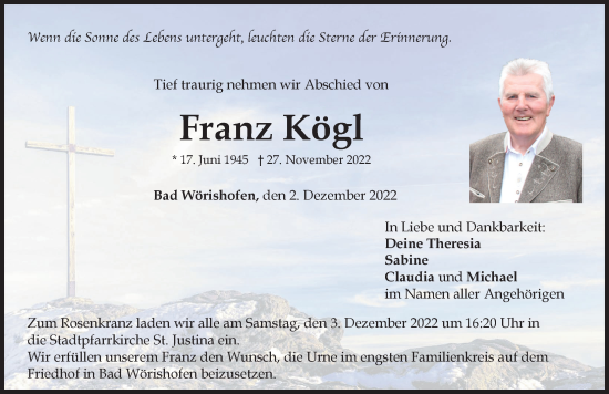 Traueranzeige von Franz Kögl von Augsburger Allgemeine, Mindelheimer Zeitung