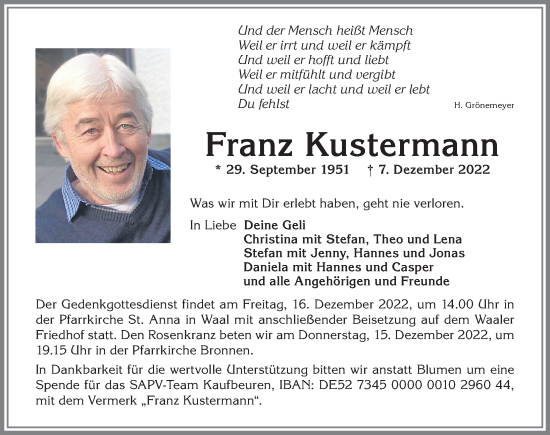Traueranzeige von Franz Kustermann von Allgäuer Zeitung, Kaufbeuren/Buchloe