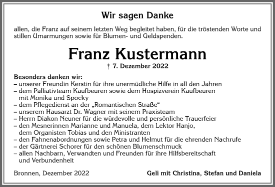 Traueranzeige von Franz Kustermann von Allgäuer Zeitung, Kaufbeuren/Buchloe