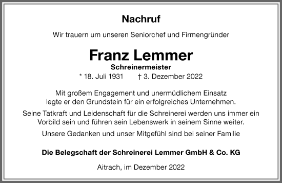 Traueranzeige von Franz Lemmer von Memminger Zeitung