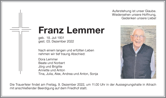 Traueranzeige von Franz Lemmer von Memminger Zeitung