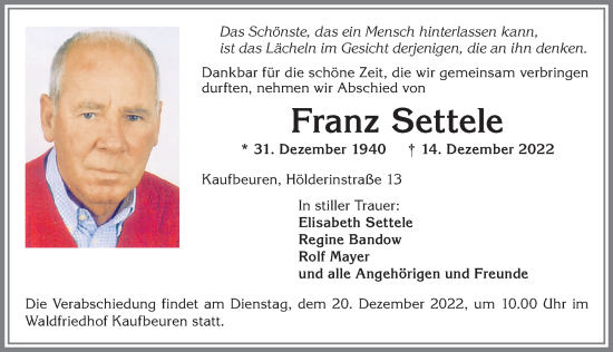Traueranzeige von Franz Settele von Allgäuer Zeitung, Marktoberdorf