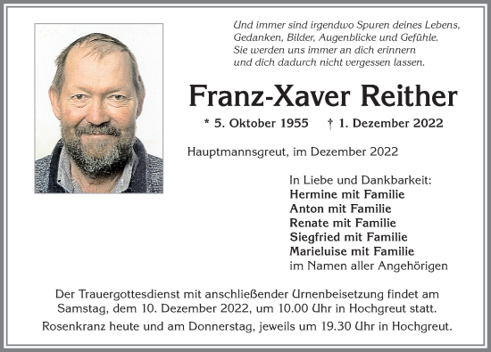 Traueranzeige von Franz-Xaver Reither von Allgäuer Zeitung,Kempten