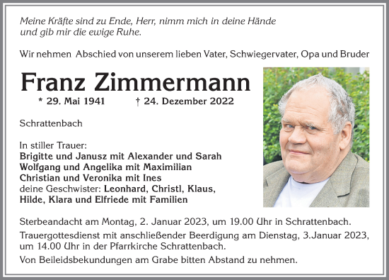 Traueranzeige von Franz Zimmermann von Allgäuer Zeitung,Kempten