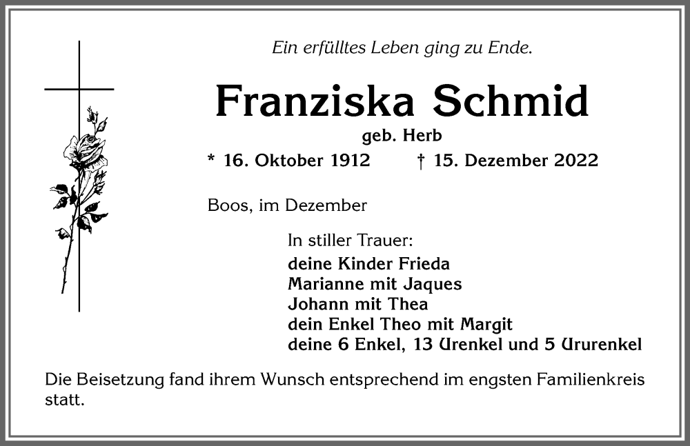  Traueranzeige für Franziska Schmid vom 31.12.2022 aus Allgäuer Zeitung,Kempten