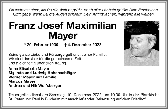 Traueranzeige von Franz Josef Maximilian Mayer von Memminger Zeitung